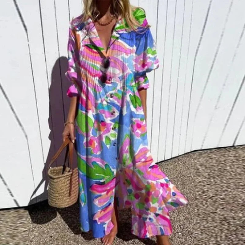 Boho Floral Maxi Dress for Women, Elegant Deep V-Neck Long Dress with Flowy Silhouette, Lightweight Summer Style