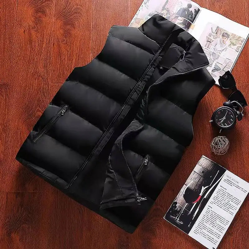 Warm Slim Men’s Puffer Vest - Stand Collar, Polyester, Casual