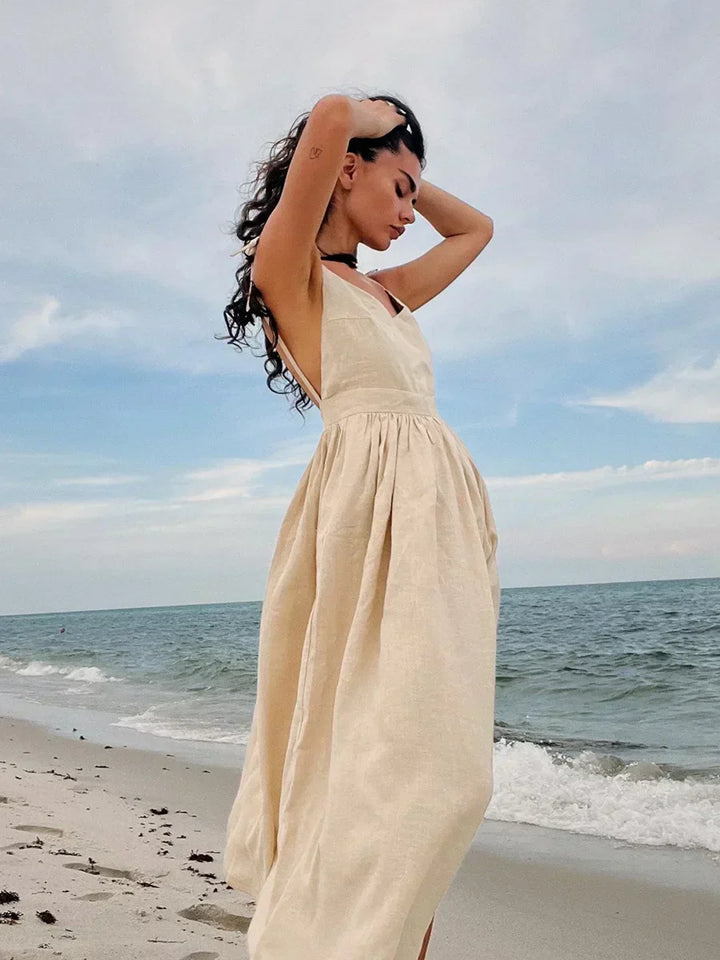 Elegant Summer Rug in Natural Linen and Cotton Blend, A-Line Design, Backless with Adjustable Straps, Ankle Length, Machine Washable