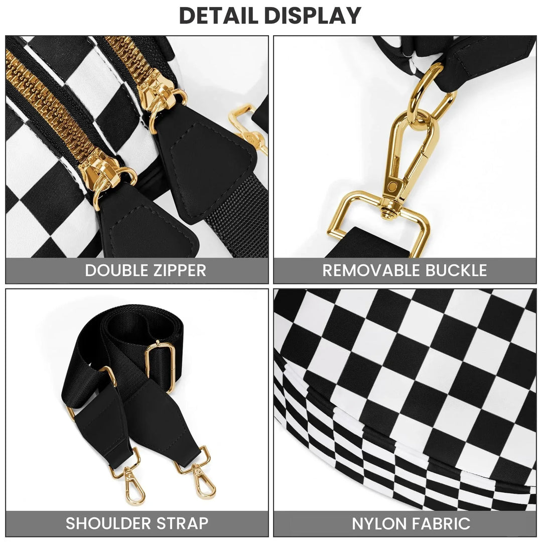 Versatile unisex crossbody bum bag – checkered nylon, box shape, travel and daily use