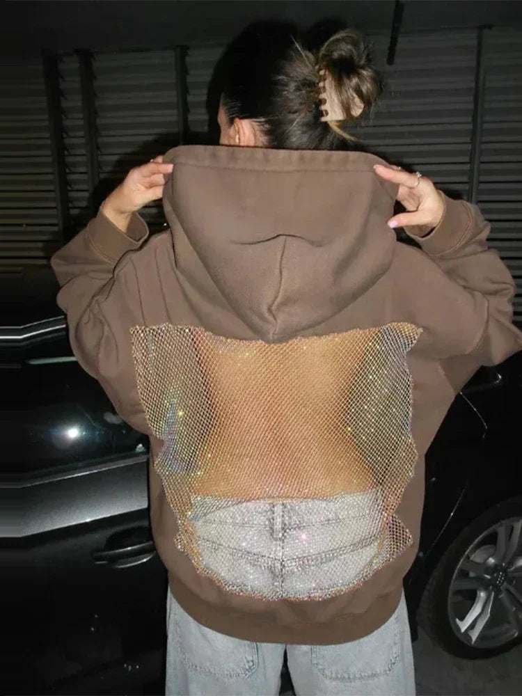 Oversized Relaxed Women’s Hooded Pullover - Boxy Hollow-Back Cut, Blended Fabric With Mesh Back, For Streetwear