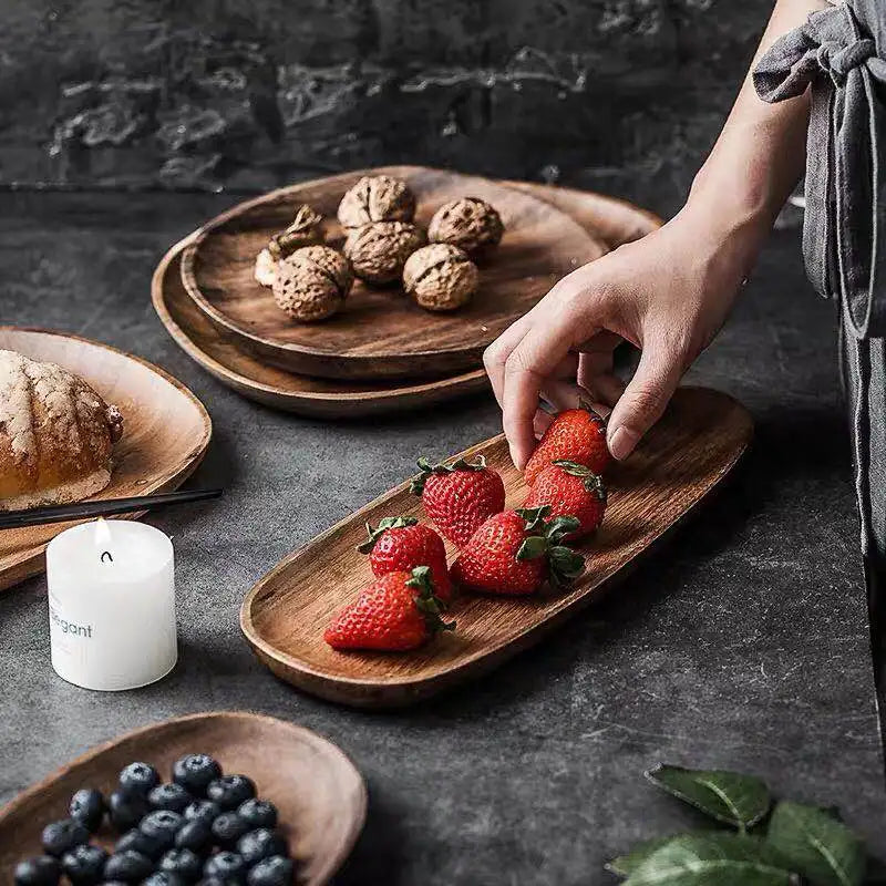 5Pcs Wooden Storage Tray - Acacia Wood Irregular Oval Tableware, Solid Food Container