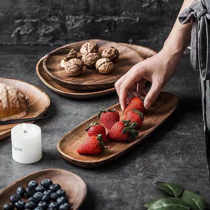 5Pcs Wooden Storage Tray - Acacia Wood Irregular Oval Tableware, Solid Food Container