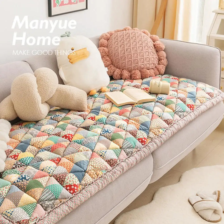 Cotton Sofa Cover Bohemian Plush Non-Slip Thickened Floral Cushion Protection