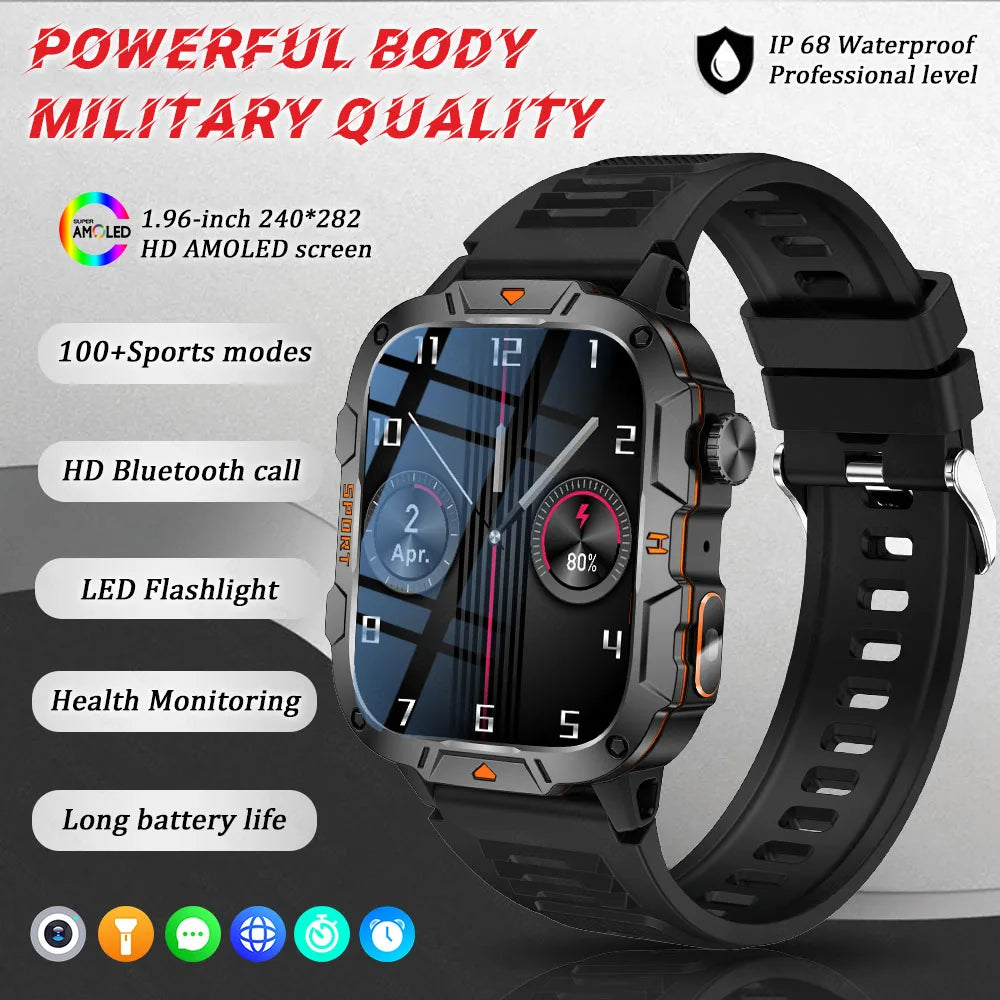 Smartwatch Rugged Military Grade – 1.96 Inch AMOLED Display, 5ATM Waterproof, Bluetooth Call Fitness Tracker, Fall 2025