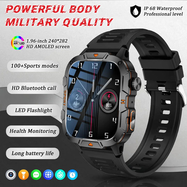 Smartwatch Rugged Military Grade – 1.96 Inch AMOLED Display, 5ATM Waterproof, Bluetooth Call Fitness Tracker, Fall 2025