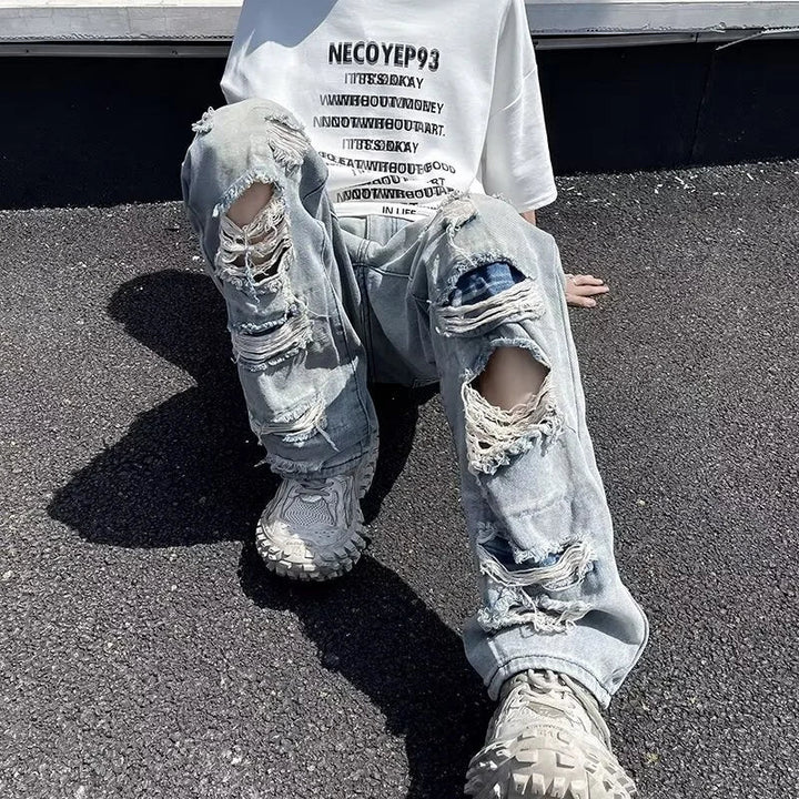 Oversized Relaxed Mens Jeans - Ripped Straight Leg Denim