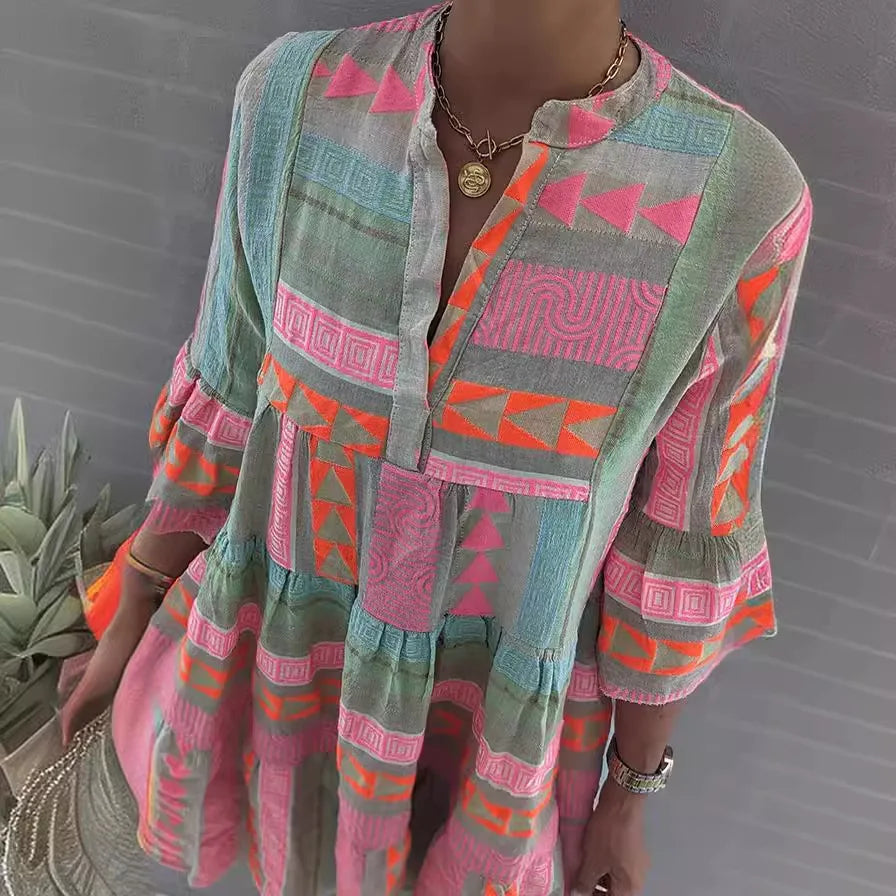 V Neck Ruffles Boho Mini Dress - Spring Casual Vintage A-Line Flare Sleeve Dress