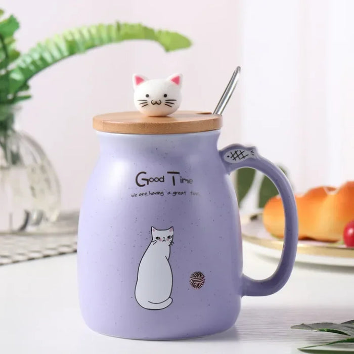 Ceramic Mug With Wooden Lid And Spoon Cute Cartoon Cat Design Gift Ready Spring 2026 Kitchen Essential