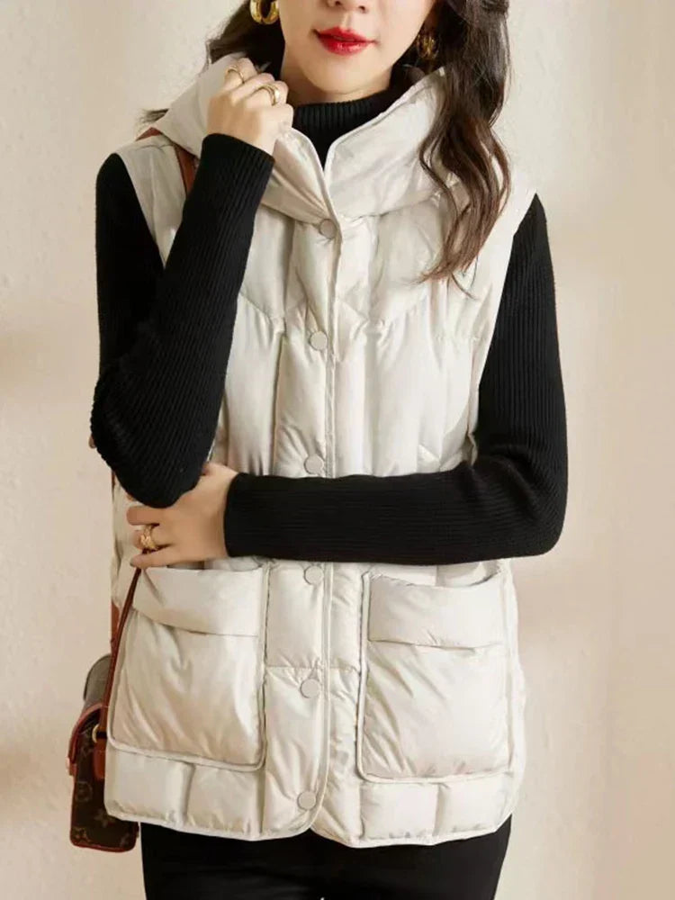 Lightweight Women Hooded Down Vest - Boxy, Down, Autumn