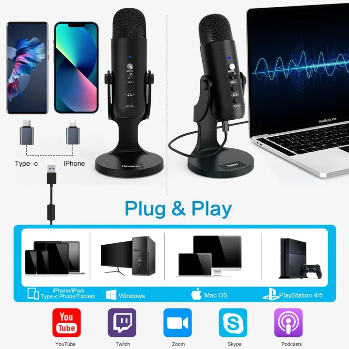 USB Condenser Microphone Desktop Mic For Streaming Podcast