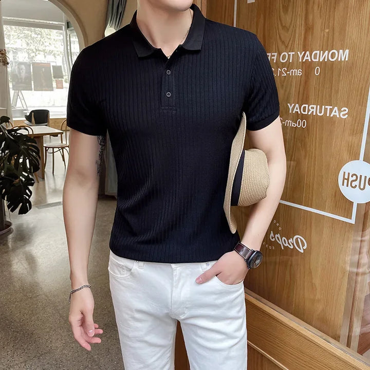 Breathable Silk Mesh Mens Polo Shirt, Short Sleeve with Ribbed Collar, Lightweight and Stylish for Summer