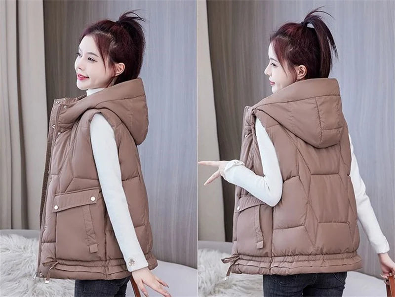 Warm Cozy Women Puffer Vest - Hooded Midlength, Winter