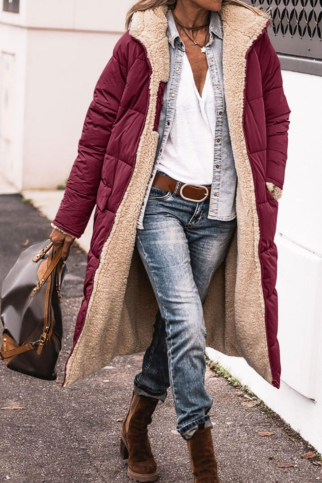 Warm Women’s Reversible Long Coat - Quilted Sherpa Hooded