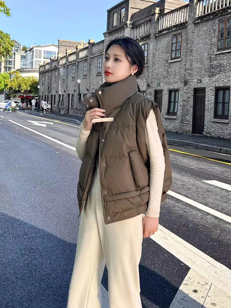 Warm Women’s Down Vest - Cropped Boxy, PU, Winter Layering