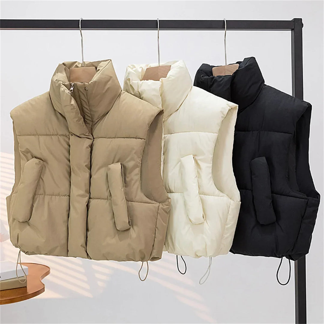 Warm Women Short Down Vest - Stand-Up Collar, Winter
