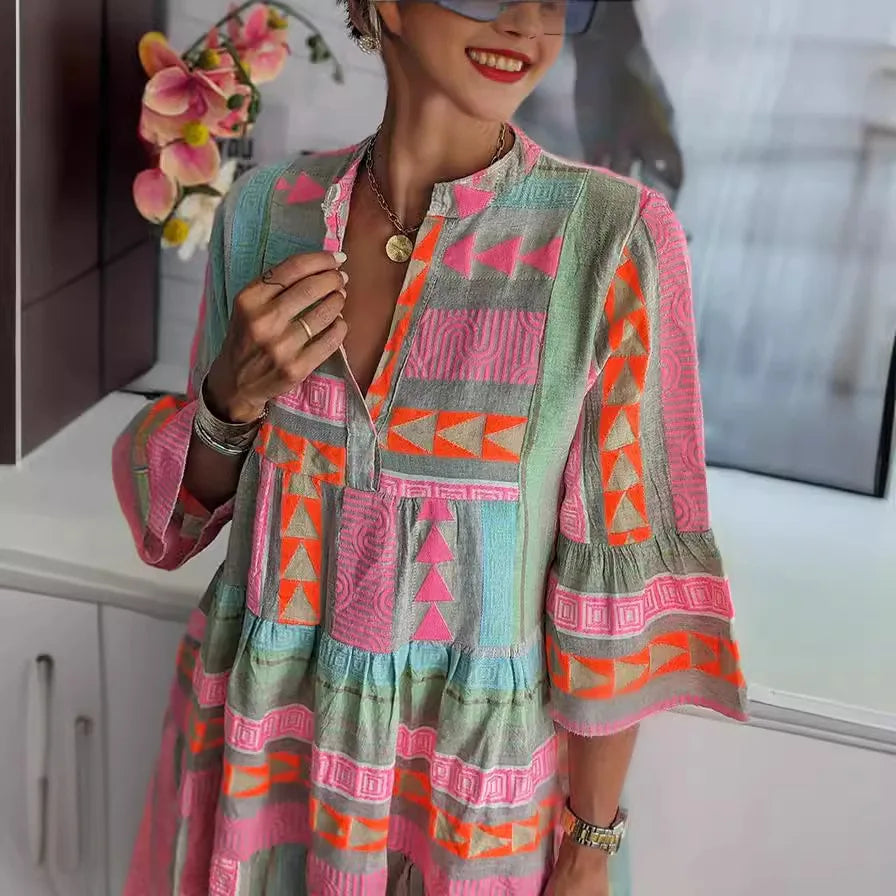 V Neck Ruffles Boho Mini Dress - Spring Casual Vintage A-Line Flare Sleeve Dress