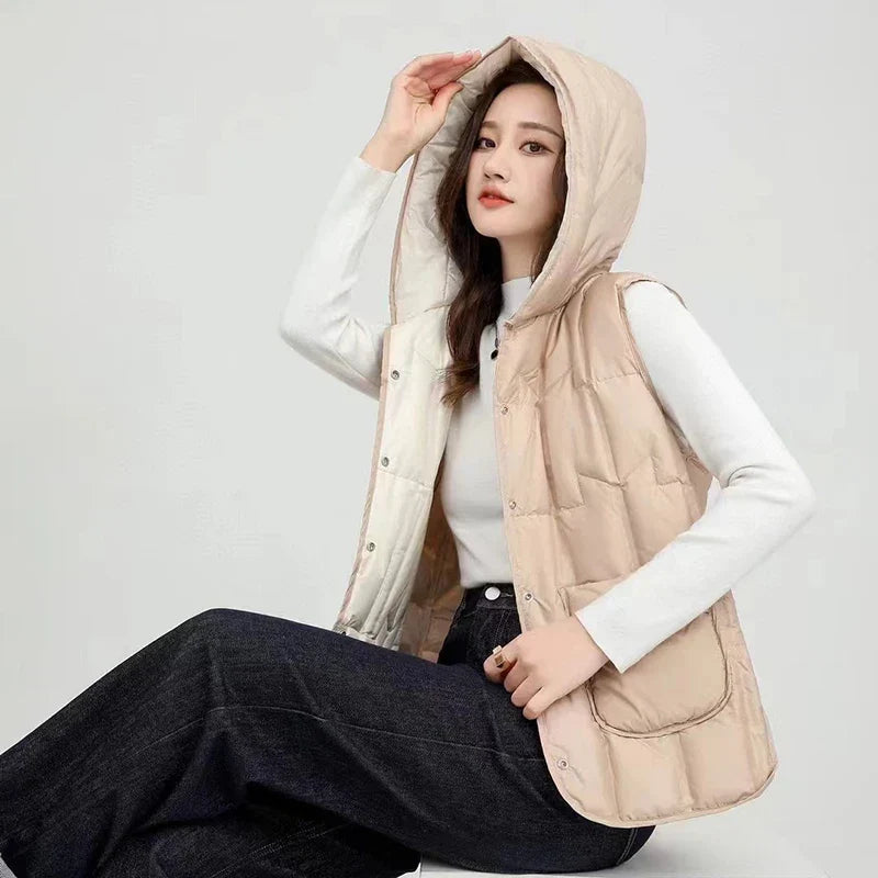 Lightweight Women’s Hooded Down Vest - Quilted Midlength