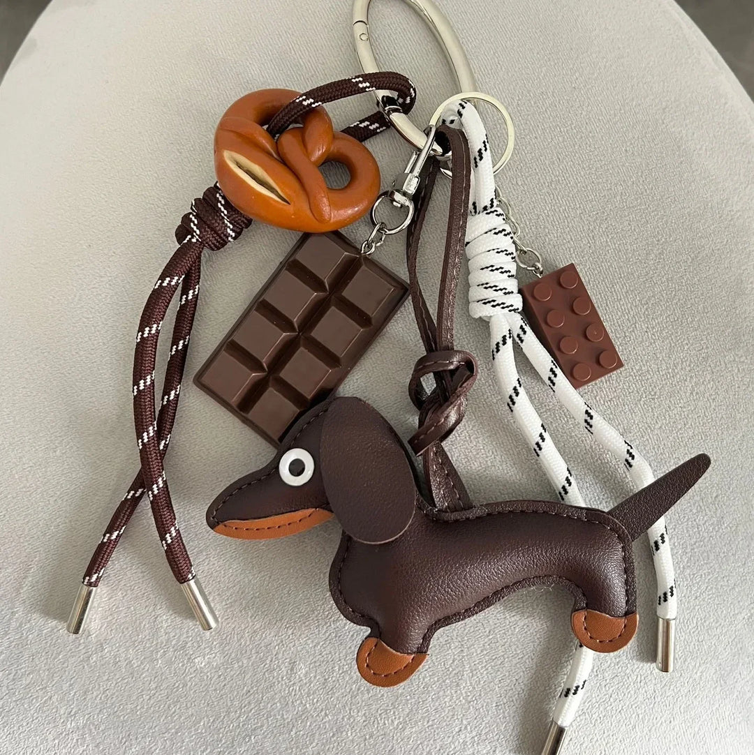 Braid Rope Bag Charm Leather Dachshund Keychain Aesthetic