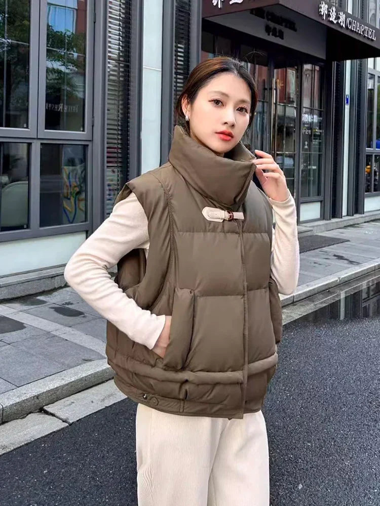 Warm Women’s Down Vest - Cropped Boxy, PU, Winter Layering