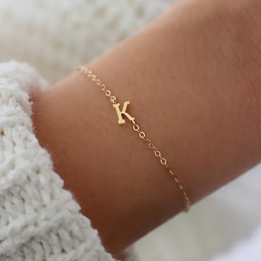 Initial Letter Bead Bracelet Thin Chain Minimalist Elegant