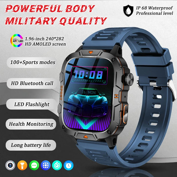 Smartwatch Rugged Military Grade – 1.96 Inch AMOLED Display, 5ATM Waterproof, Bluetooth Call Fitness Tracker, Fall 2025