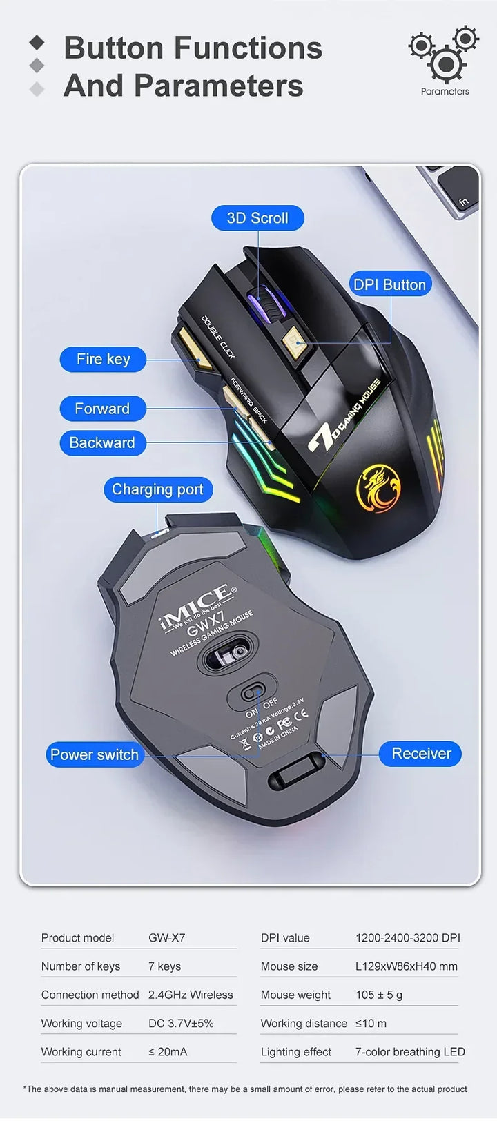 Wireless Gaming Mouse 3200DPI Dual Mode Rechargeable