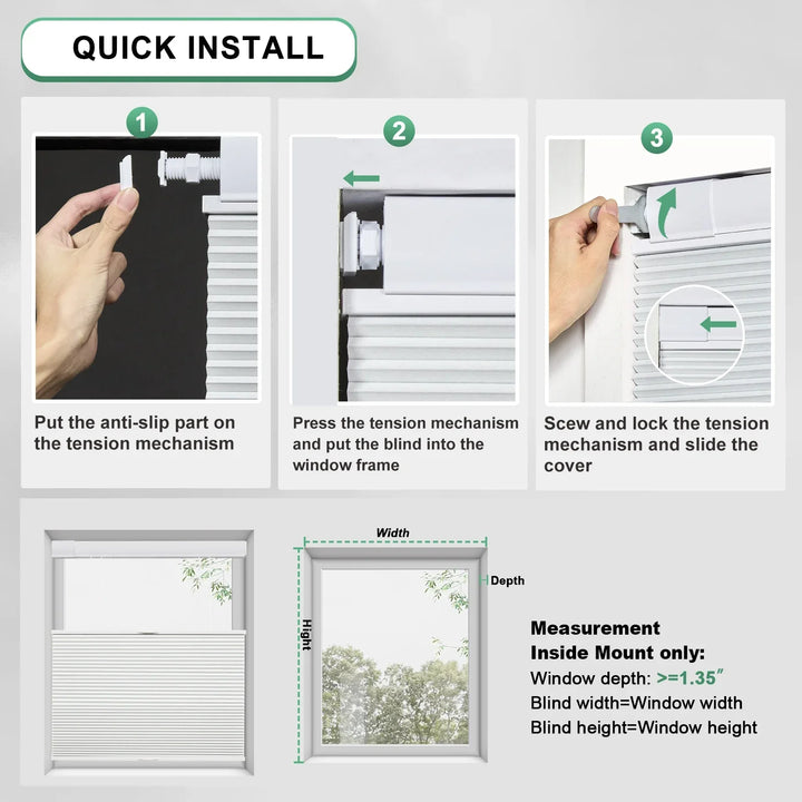 No Drill Honeycomb Blinds Cordless Thermal Insulated 1" Cell Fabric