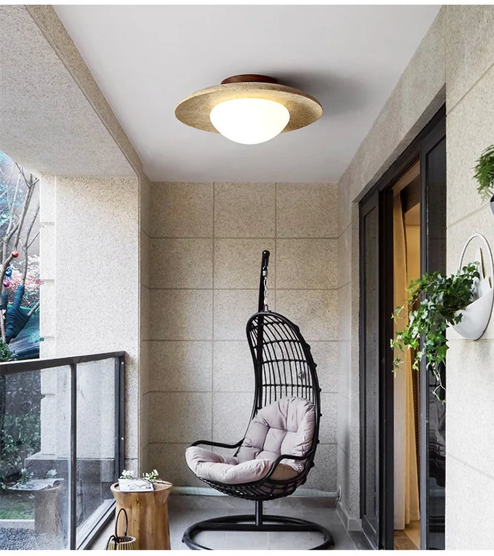 Japandi Travertine Ceiling Light Wood Cap Round Mid Century Lamp