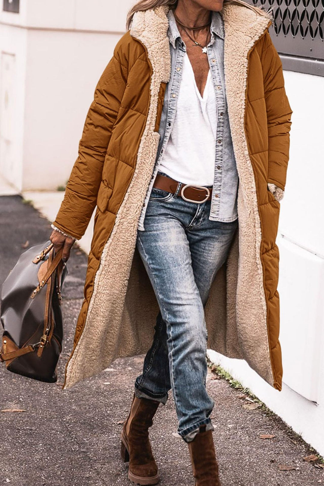 Warm Women’s Reversible Long Coat - Quilted Sherpa Hooded