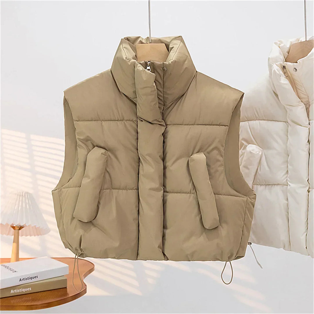 Warm Women Short Down Vest - Stand-Up Collar, Winter
