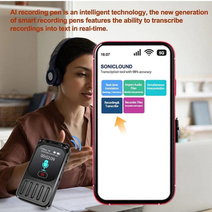 AI Voice Recorder Bluetooth Touchscreen 79H Battery 1200mAh