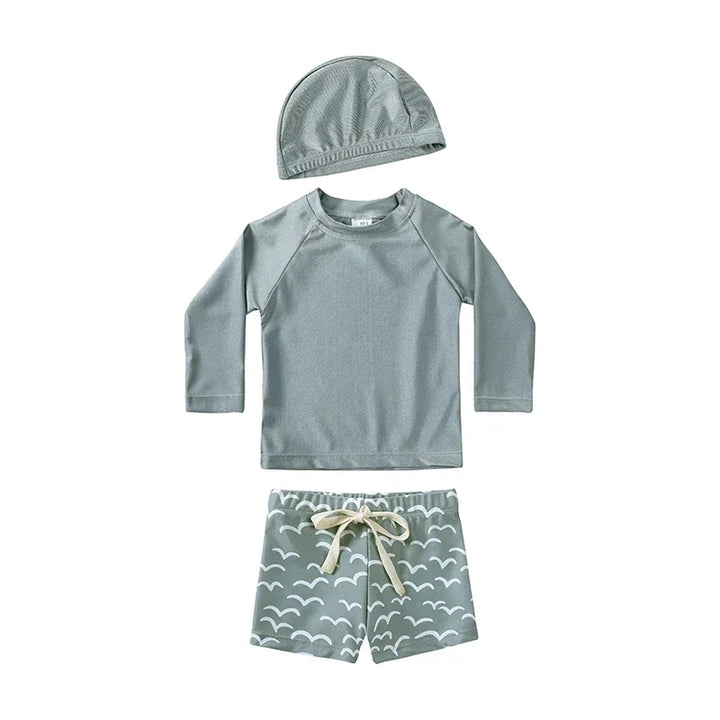 Breathable Kids Rash Guard Swim Set – Long-Sleeve Top, Swim Pants, Hat, Polyester Elastane, Beach Vacation