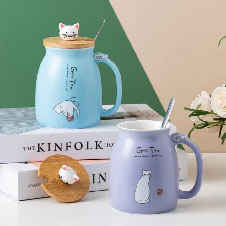 Ceramic Mug With Wooden Lid And Spoon Cute Cartoon Cat Design Gift Ready Spring 2026 Kitchen Essential