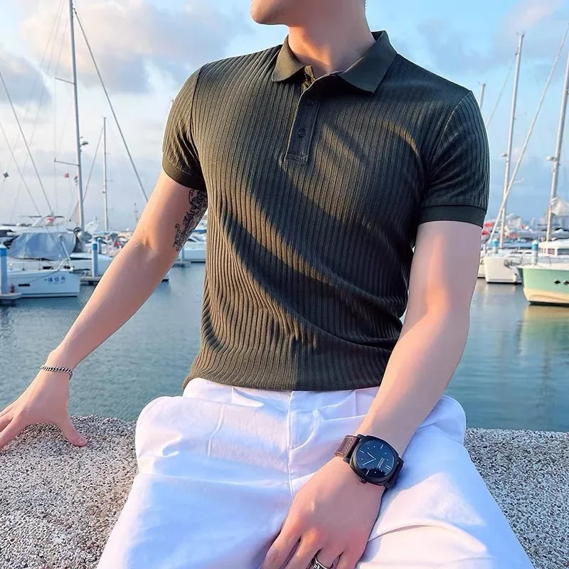 Breathable Silk Mesh Mens Polo Shirt, Short Sleeve with Ribbed Collar, Lightweight and Stylish for Summer