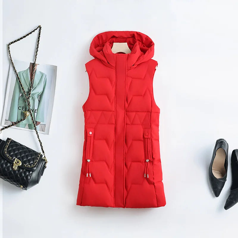 Lightweight Cozy Women Long Puffer Vest - Hooded Down