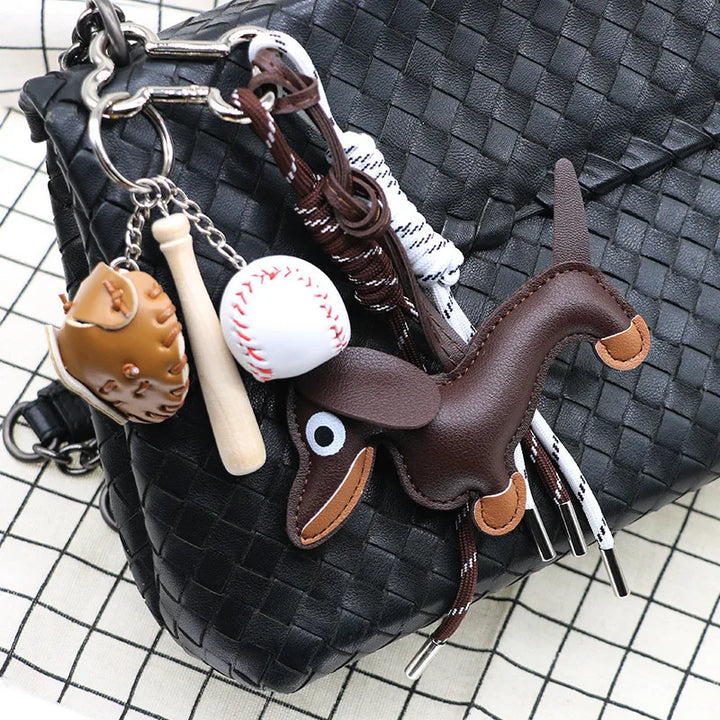 Dachshund Pu Leather Bag Charm Baseball Keychain Gift