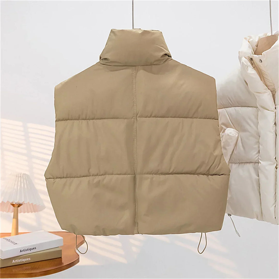 Warm Women Short Down Vest - Stand-Up Collar, Winter