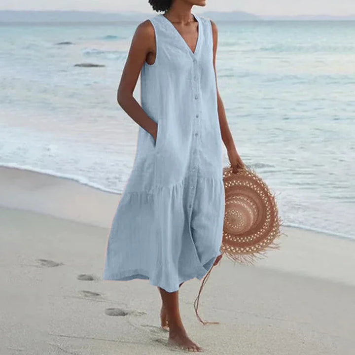 Summer Loose Casual Patchwork Cotton Linen Dress - V Neck Beach Style Midi for Women