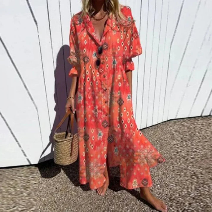 Boho Floral Maxi Dress for Women, Elegant Deep V-Neck Long Dress with Flowy Silhouette, Lightweight Summer Style