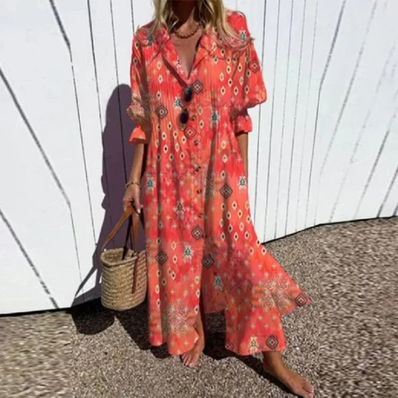 Boho Floral Maxi Dress for Women, Elegant Deep V-Neck Long Dress with Flowy Silhouette, Lightweight Summer Style