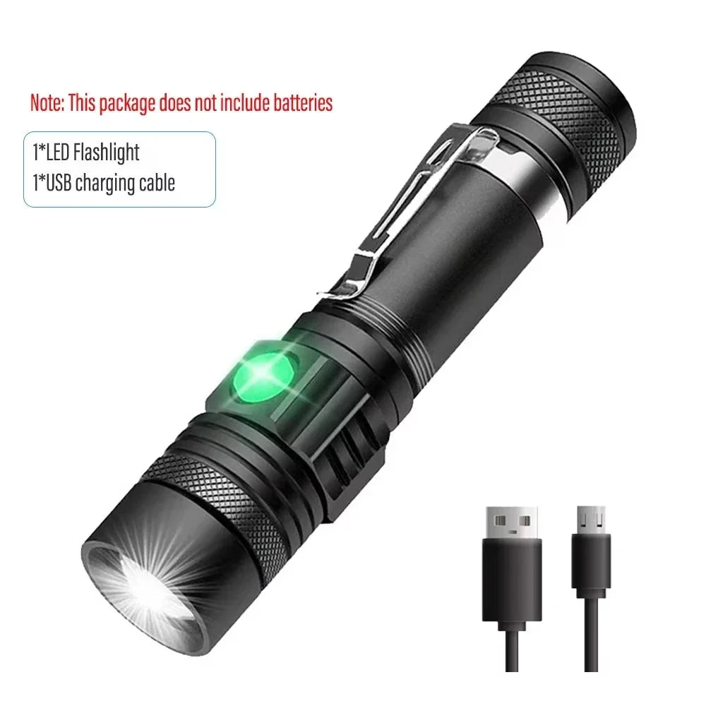 High Power LED Flashlights Zoomable Camping Torch with T6 LED, Waterproof, 4 Lighting Modes, USB Charger, Outdoor Emergency Light