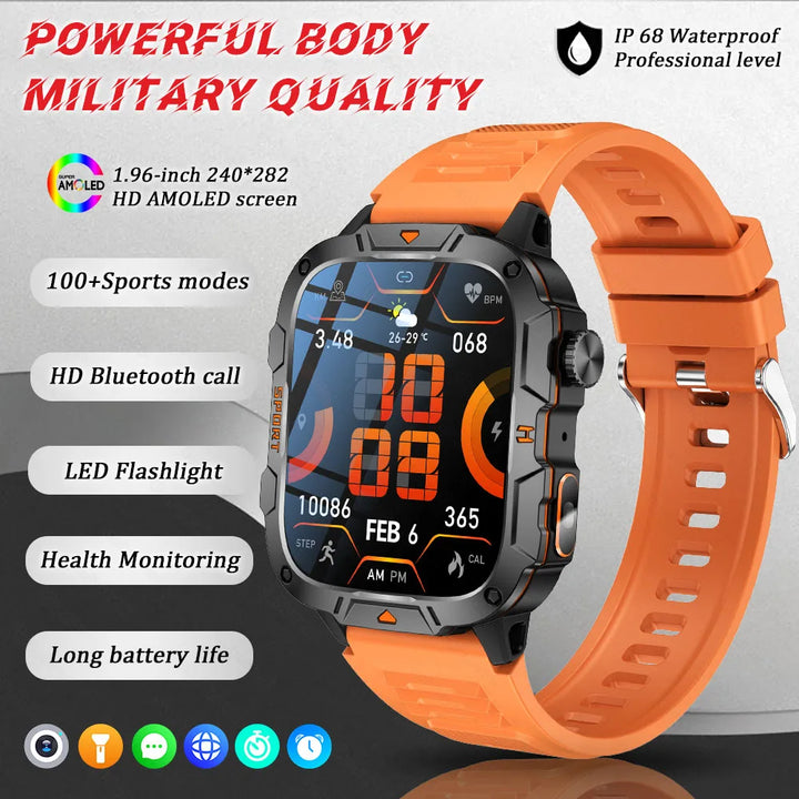 Smartwatch Rugged Military Grade – 1.96 Inch AMOLED Display, 5ATM Waterproof, Bluetooth Call Fitness Tracker, Fall 2025