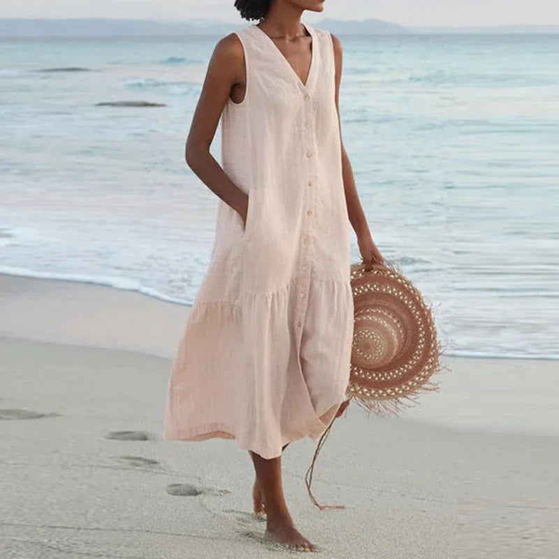 Summer Loose Casual Patchwork Cotton Linen Dress - V Neck Beach Style Midi for Women