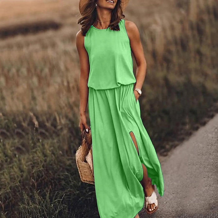 Spring/Summer Women's Trendy Retro Sleeveless Dress, Solid color Two-Piece Set