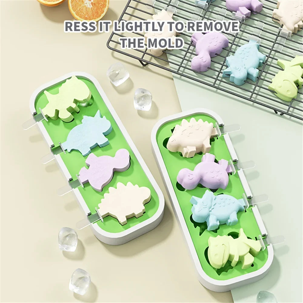 Dinosaur-Shaped Ice Cream Mold and Ice Pop Maker with Lid and Sticks, Food-Grade Silicone, Non-Stick, Temperature Resistant
