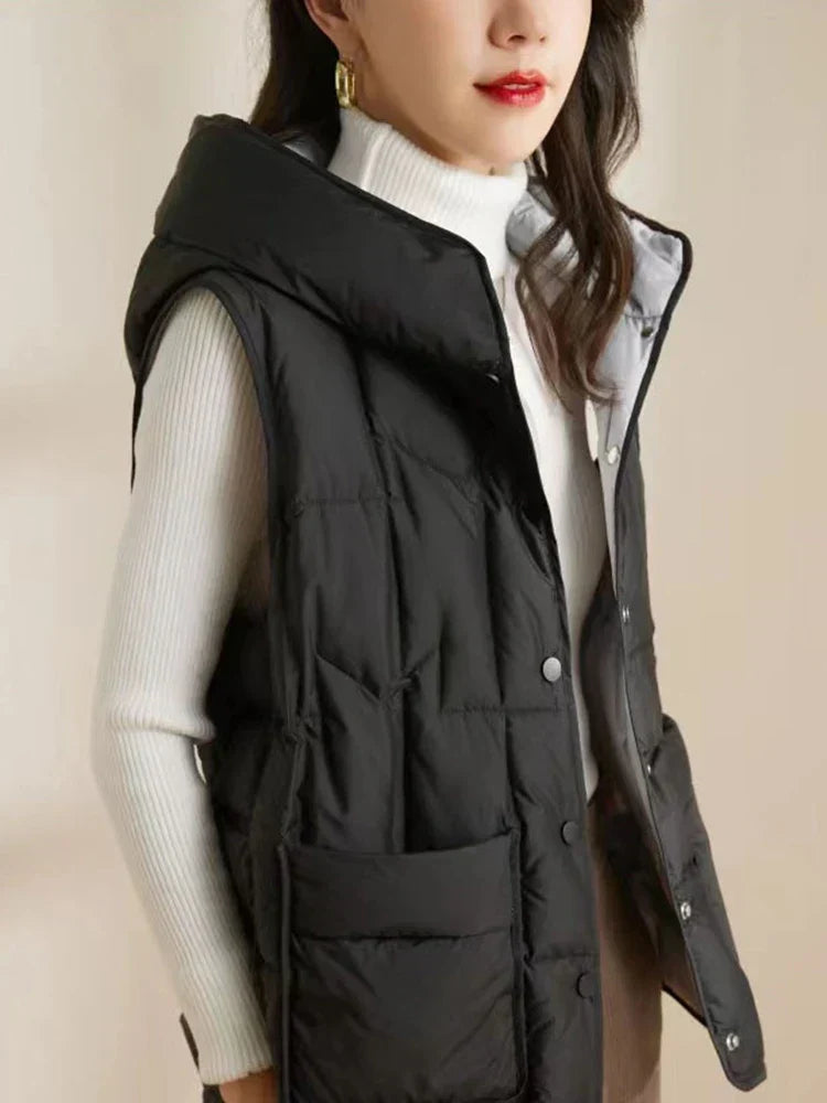 Lightweight Women’s Hooded Down Vest - Quilted Midlength