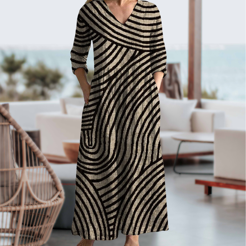 Vintage Stripe Dress with V-Neck, Ankle-Length, Functional Pockets, Lightweight Fabric