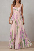 Lightweight women's dress - a-line pleated floral midi, sleeveless, for summer wear