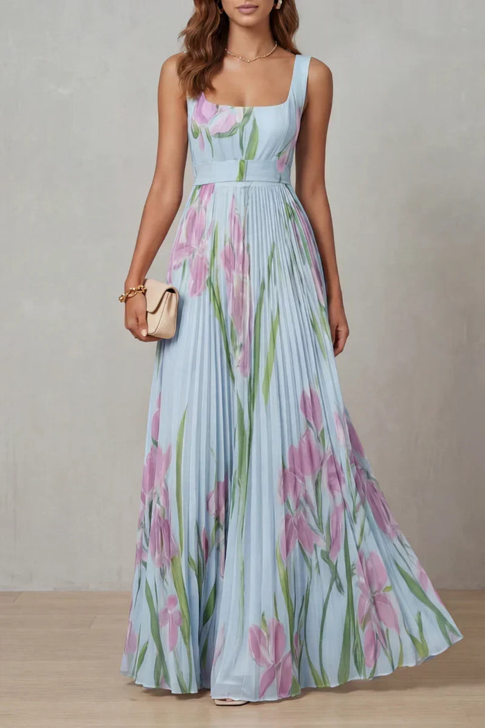 Lightweight women's dress - a-line pleated floral midi, sleeveless, for summer wear